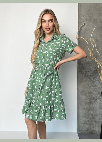 Оливковое повседневный летнее платье с узором и воланом MonCher с цветочным принтом