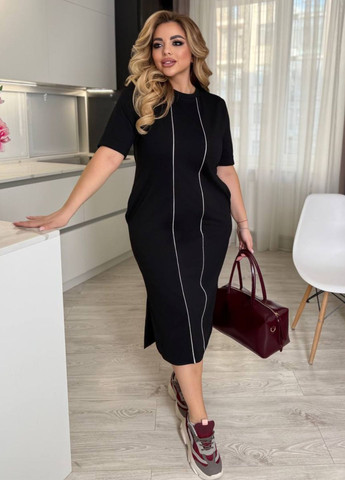 Чорна повсякденний жіноча сукня міді з срібним кантом і кишенями футляр Tik-Tak однотонна