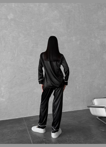 Черная всесезон пижама женская сатиновая рубашка + брюки No Brand Пижама домашняя