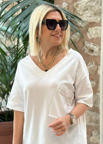 Белая летняя футболка с v-образным вырезом с длинным рукавом No Brand