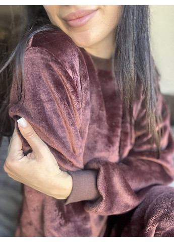 Темно-коричнева всесезон тепла жіноча піжама з велсофту світшот + брюки Vakko