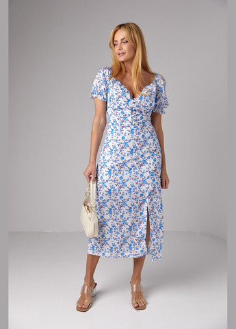 Блакитна кежуал літнє плаття міді з коротким рукавом та відкритими плечима 3297 Lurex з квітковим принтом