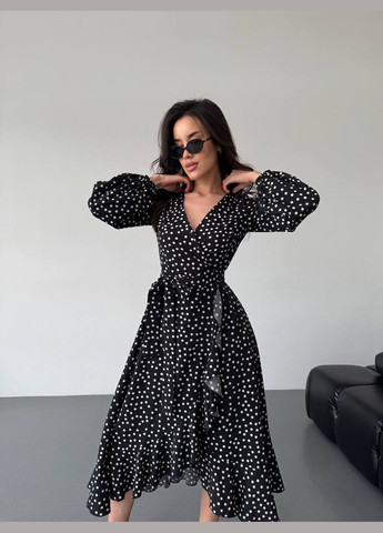 Черное легкое платье меди на запах в горох черного цвета 32585 на запах Fashion в горошек