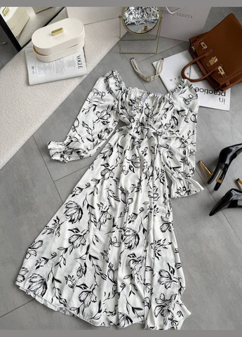 Белое повседневный женское платье с шолка с открытыми плечами, с корсетом Україна с цветочным принтом