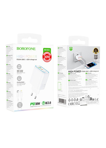 Мережевий Зарядний Пристрій BA89A 1USB-C/1USB PD/QC 30W+Type-C to Lightning Бiлий Borofone (337993719)