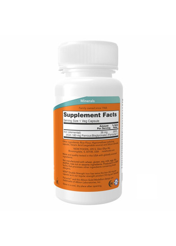 Железо, двойной концентрации, 36 мг, 90 вегетарианских капсул Now Foods (353378704)