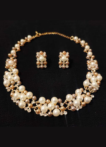 Набір біжутерії комплект кольє та сережки зі штучними перлинами та камінцями Fashion Jewelry (334305391)