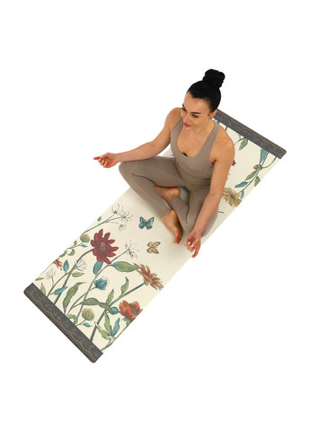 Килимок для йоги Льняний (Yoga mat) двошаровий 3мм (розмір 183x61x0,3см, джут, каучук, бежевий, з квітковим принтом) Record (361435593)