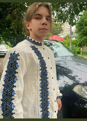 Біла чоловіча бавовняна сорочка вишиванка з яскравою вишивкою збоку та рукавах You Best (341491761)