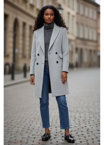 Светло-серое демисезонное Женское двубортное пальто (58684) M Светло-серый M&S
