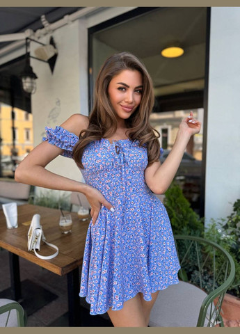 Синее повседневный, кэжуал, вечернее женское платье клеш No Brand с цветочным принтом