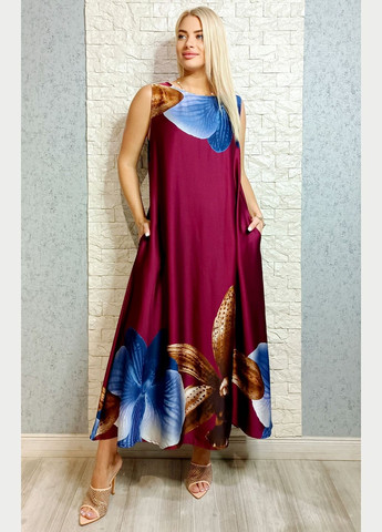 Бордовое повседневный, кэжуал платье а-силуэт LUX LUNA с цветочным принтом