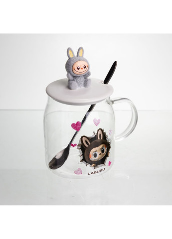 Чашка скляна Labubu 600 мл з ложкою та порцеляновою кришкою, сірий Yiwu (367983838)