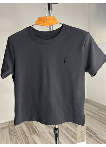 Футболка жіноча A-N 25197 вишивка літера F однотонна базова середня довжина one size No Brand - (321629867)