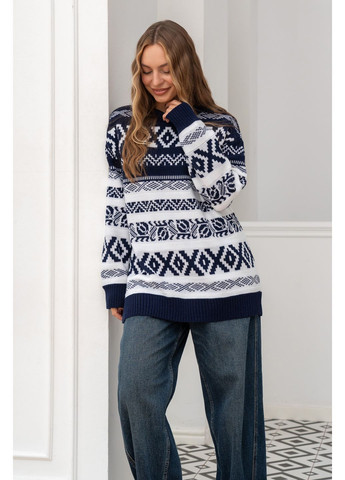 Темно-синий вязаный женский шерстяной свитер ягода удлиненный с орнаментом темно-синий You Best