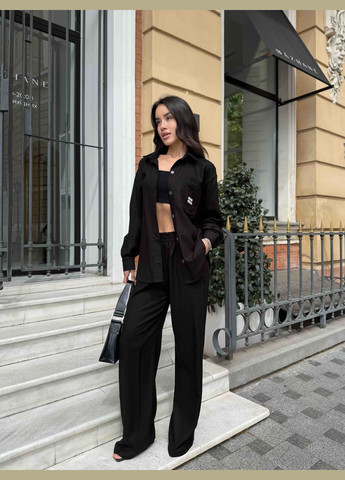 Женский ленивый костюм брюки палаццо рубашка на пуговицах черный You Best (333614894)
