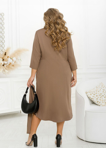 Темно-бежева повсякденний, вечірня, святковий сукня-міді з довгими рукавами на запах, а-силует No Brand однотонна