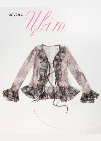 Бежева блуза на зав'язках з рюшами ніжна вінтаж fairycore прозора сітка квітковий принт жіноча блузка кавай кокетт лоліта стиль ретро No Brand