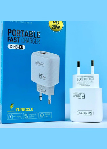 Сетевое зарядное устройство C-H3 Type C+USB QC 3.0 20 W Charger White + Type-C Cable Celebrat (333031767)