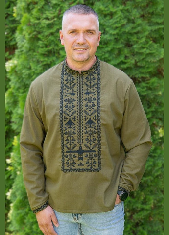 вышиванка льняная мужская хаки в стиле милитари патриотическая украинская рубашка узор орнамент приталенная, свободная, прямой лен (316653510)