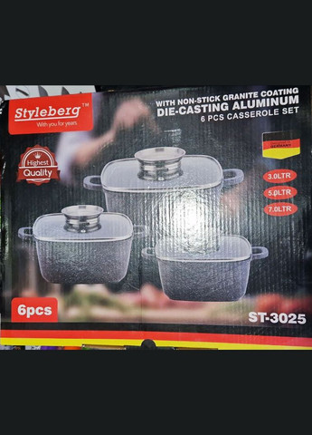 Набір каструль Styleberg ST-3025 6 предметів з кришками з мармуровим покриттям Чорний No Brand (317185911)