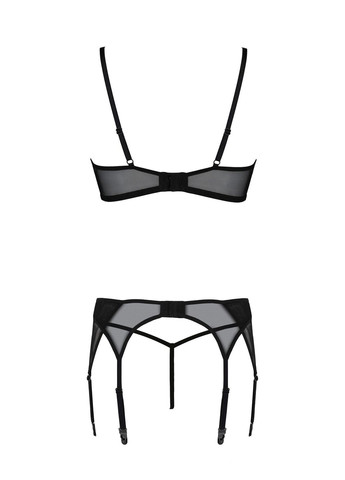 Комбинированный демисезонный комплект leafa set black, xxl/xxxl, кружево+сетка, бюстгальтер на косточках, стринги, пояс для чулок Passion