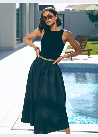 Черное кэжуал чёрное платье-миди с акцентом на талии клеш Dressa однотонное