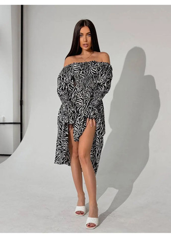 Чорно-білий cукня міді з принтом біла квітка на зеленому No Brand