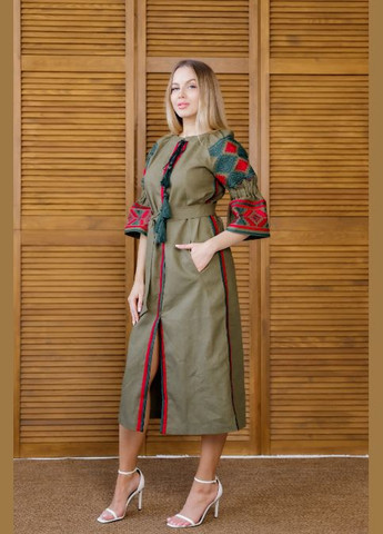 Оливковый (хаки) зимний женское вышитое платье гуччи Galychanka 6753
