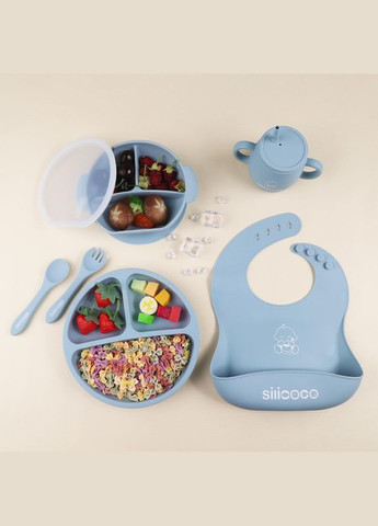 Набір дитячого силіконового посуду SC2109 Блакитний (Дві тарілки з приборами, чашка та слюнявчик) Silicoco (302974796)