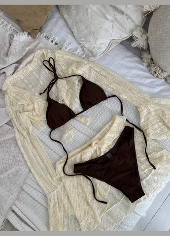 Темно-коричневий літній шоколадний базовий купальник із мереживною накидкою роздільний Vakko