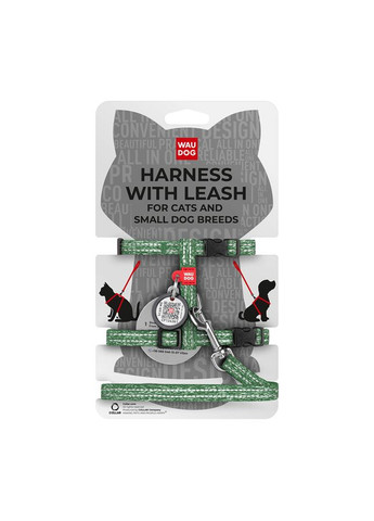 Шлея з повідцем для котів WAUDOG Re-cotton з QR паспортом, з відновленої бавовни, світловідбиваюча, пластиковий фастекс,, Ш 10 No Brand (363198333)
