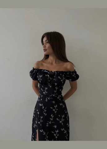 Черное повседневный, коктейльное, вечернее, кэжуал женское платье с открытыми плечами No Brand с цветочным принтом