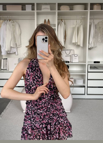 Фіолетова красива і легка сукня з шифону з вирізом у зоні декольте, літня сукня без рукава у фіотовому принті No Brand з квітковим принтом