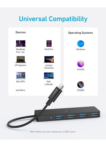 USB-хаб USB-C to USB 3.0 Hub 4 Ports, 0.6м, (A8309) Anker (370080376)
