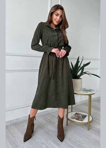 Серое платье миди с поясом и карманами No Brand