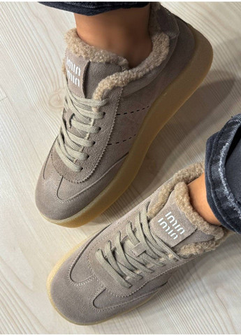 Бежевые кеды женские 633-5 утепленные замшевые на меху бежевые Hengji