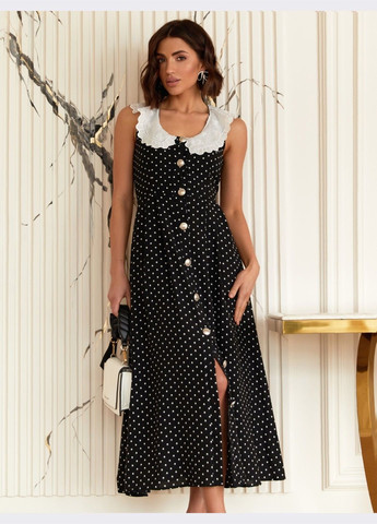 Черное чёрное платье-миди в горох с расклёшенной юбкой Dressa