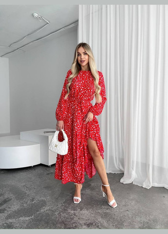 Красное кэжуал женское легкое платье миди клеш Україна с цветочным принтом