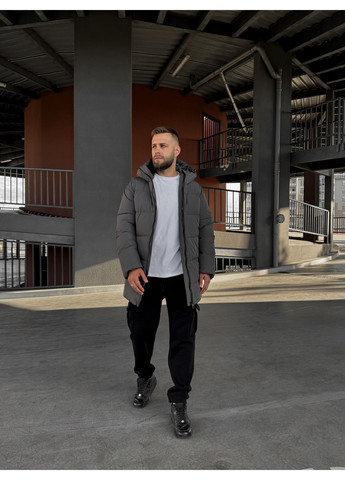 Серая зимняя зимняя куртка удлиненная на пухе No Brand