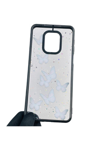 Чехол для Redmi Note 9 Pro с блёстками с бабочками на сяоми редми нот 9 про черный Xiaomi (366389956)