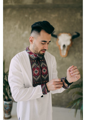 Біла біла чоловіча лляна вишиванка з орнаментом мужність MOTYV візерунок орнамент льон (362003526)