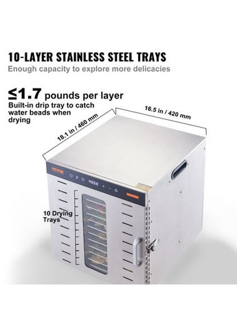 Дегидратор SS-10X 1000 W из нержавеющей стали, 300 x 280 мм Vevor (351505649)