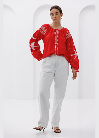 Красная женская вышиванка с ласточками гладью темно-оливковая Arjen лен (296470962)