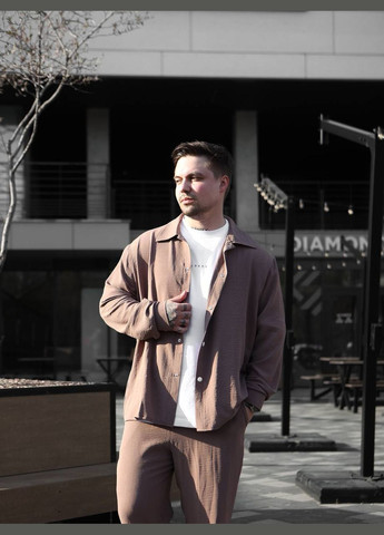 Темно-бежевый летний костюм: брюки и рубашка из легкого дышащего материала с рубашкой, брючный Україна