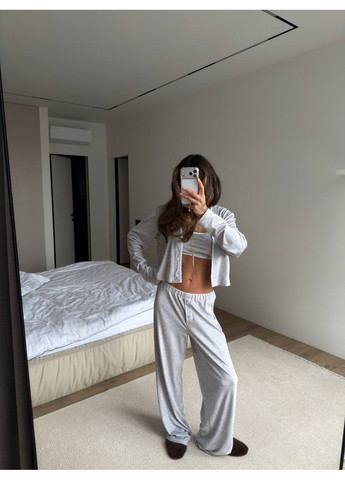 Сіра всесезон домашній комплект 3-ка (кофта + топ + штани) з велюру — заміри в описі сорочка + брюки DK/DL Мода без кордонів