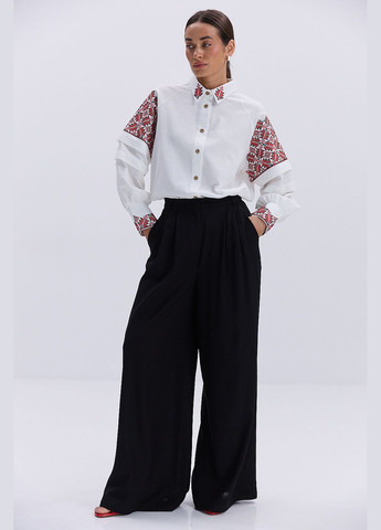 Молочная женская рубашка-вышиванка молочная с черными геометрическими узорами Arjen лен (330988507)