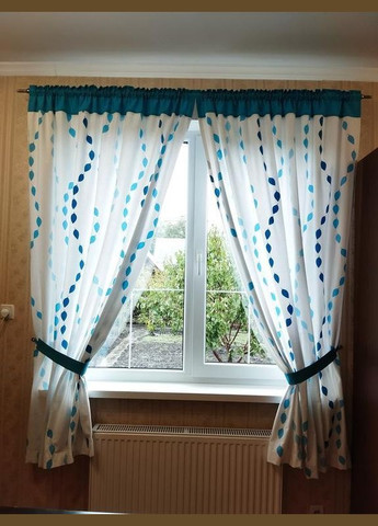 Штори готові на тасьмі, гардина готова з підхватами, Білий, бірюзовий 2 шт. (1 шт. 150*200 см) Hanna (322127136)