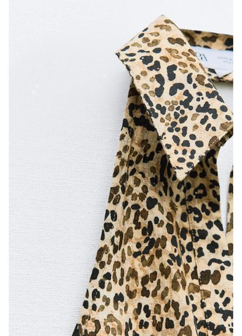 Коричнева сукня-сорочка з суміші льону з анімалістичним принтом. Zara