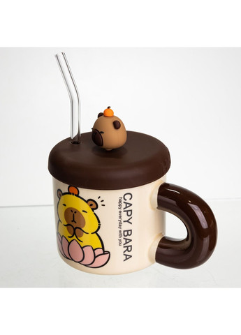 Чашка фарфоровая с крышкой и трубочкой Капибара в лотосе 300 (мл) подарочная кружка прикольная чашка для детей на подарок FM-27B Yiwu (370974843)